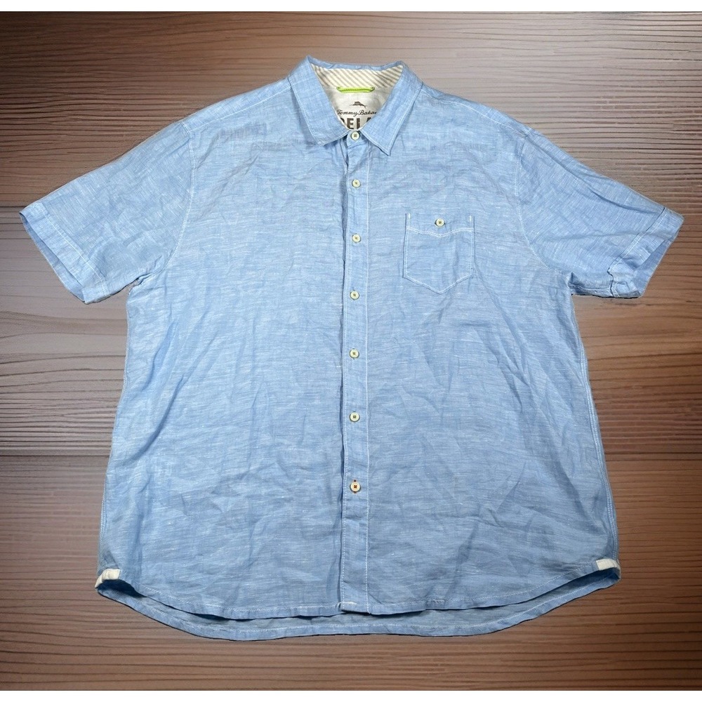 Tommy Bahama Relax Men XXL 100% Linen Shirt Chambray Blue Short Sleeve Button Up